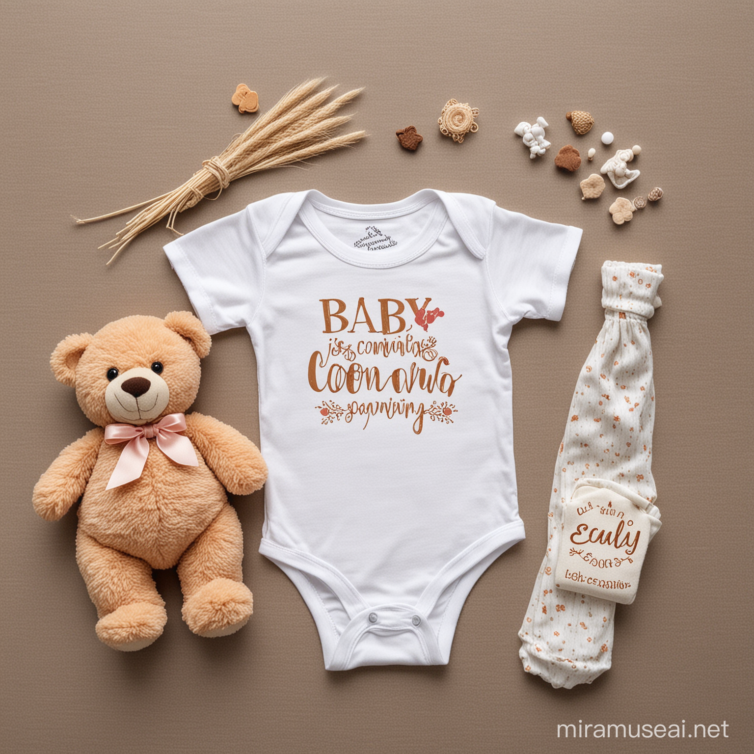 pregnancy announcement 
baby is coming soon 
clothe, teddy bear ,..... elements 
