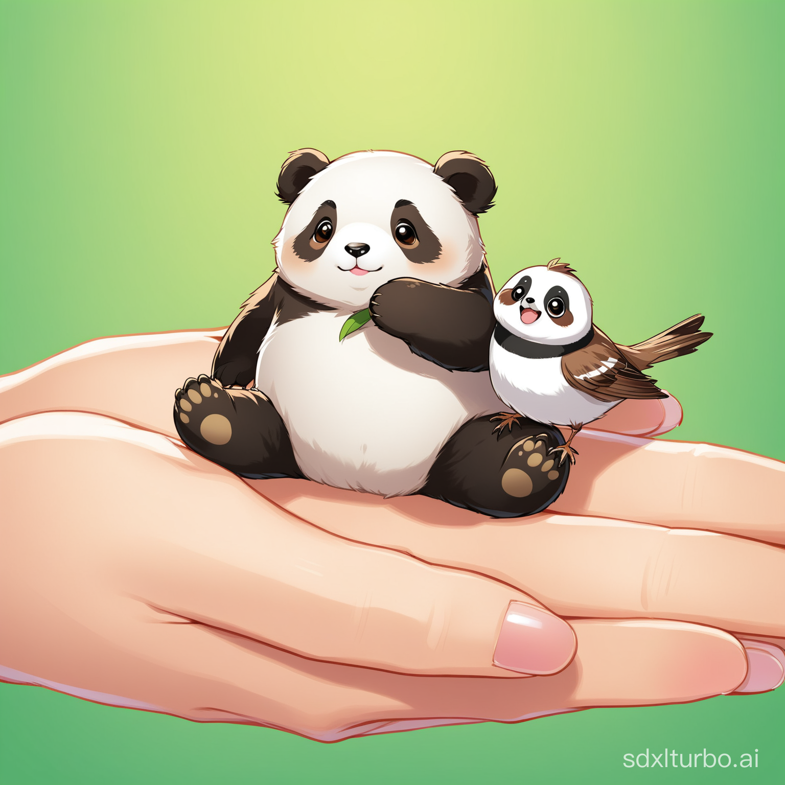 sparrow sits on panda's hand