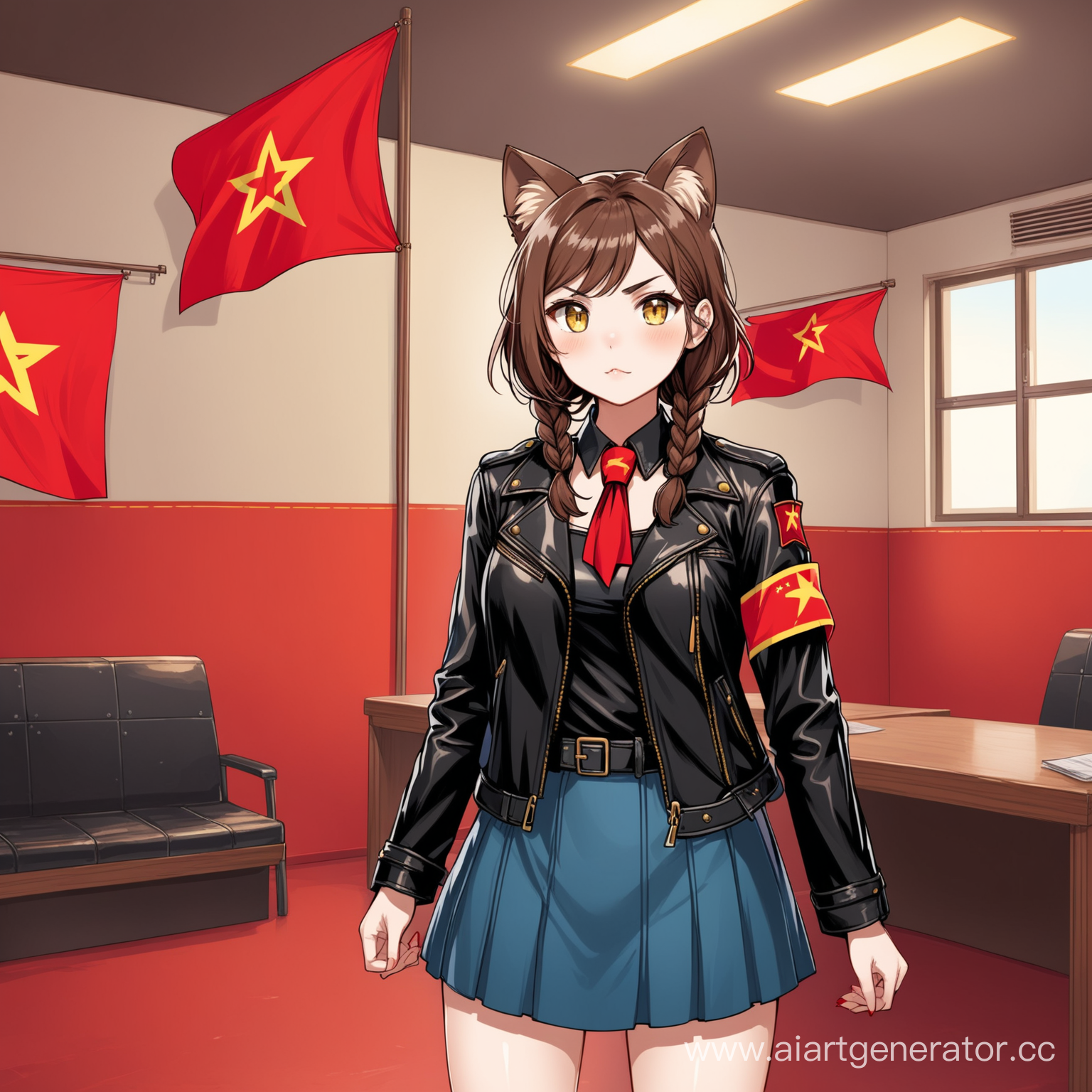 Catgirl yellow eyes brown hair (one short braid), brown cat ears, short blue skirt, black leather jacket with red armband.  Communist squad Communist room with red communist flags