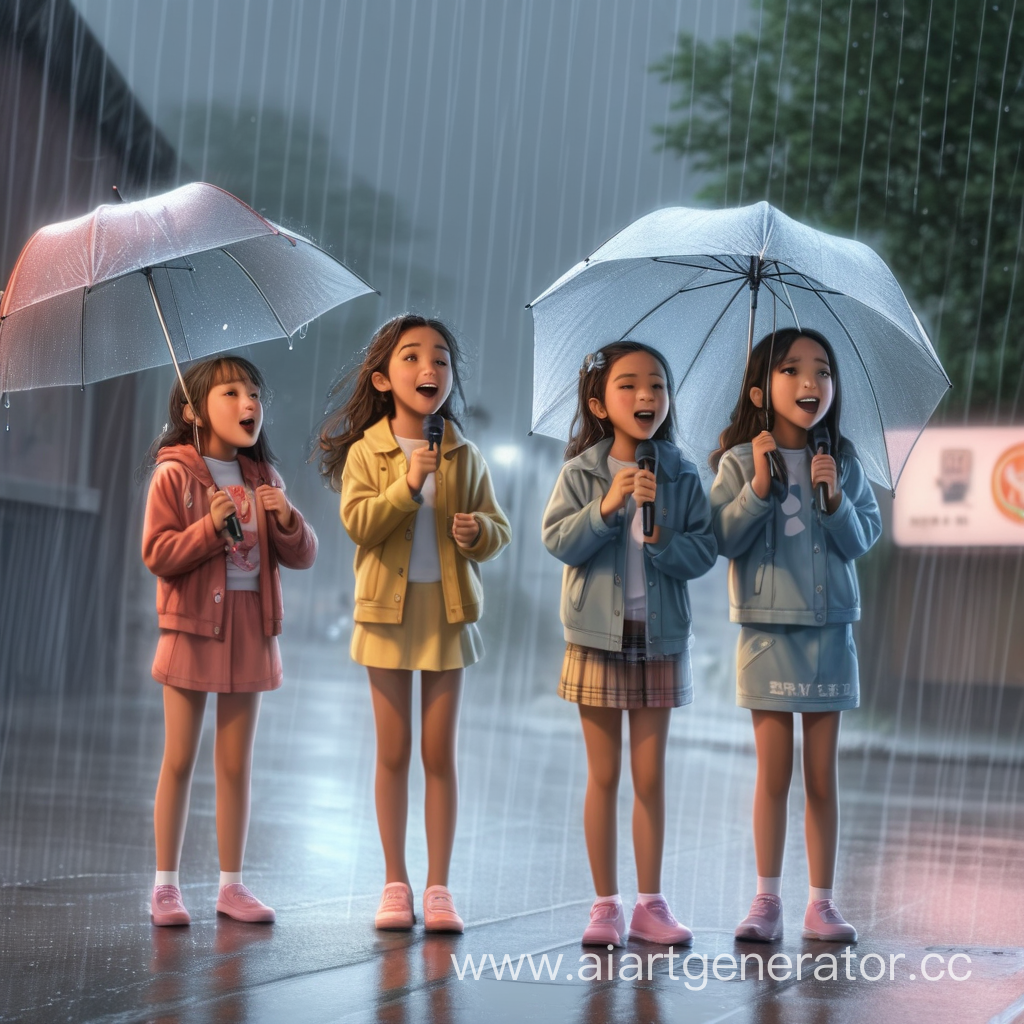 Четыре девочки стоят под дождём , без зонтиков и поют песни