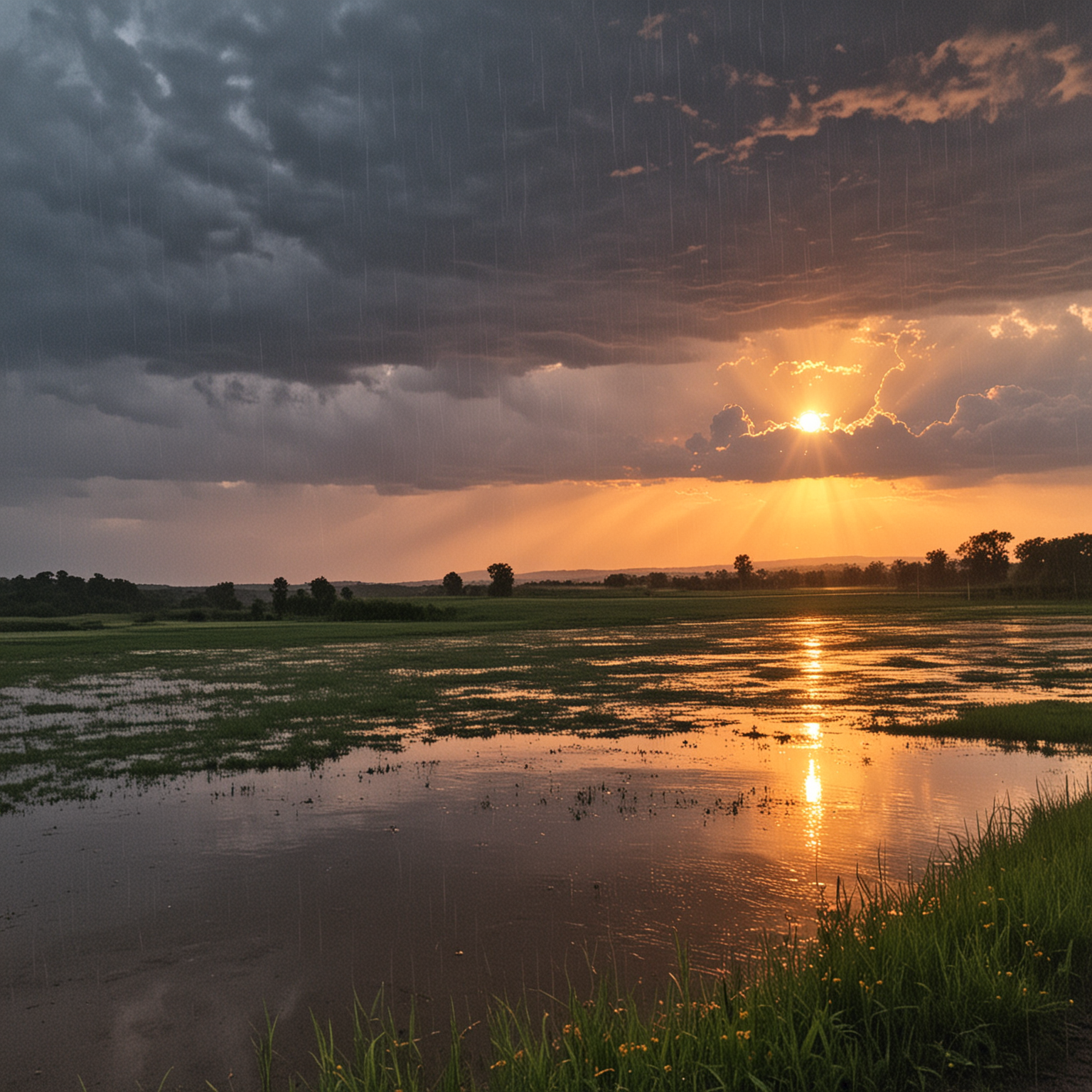 Vibrant Sunset Rain Shower in Summer Meadow