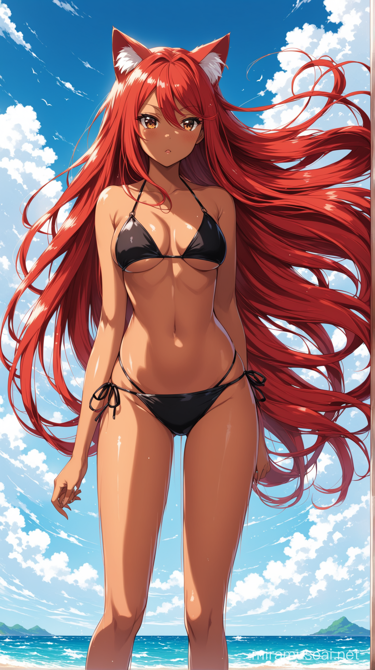 Seductive Anime Catgirl with Long Red Hair on Beach