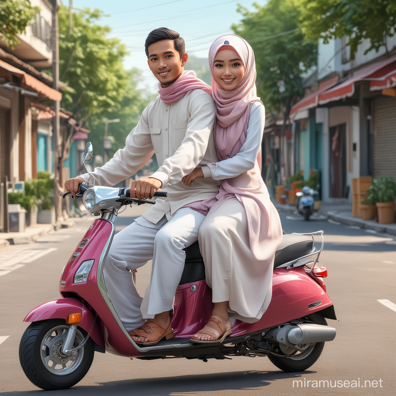 karikatur 4d pria indonesia menaiki skuter berboncengan dengan wanita berhijab muda dan cantik
