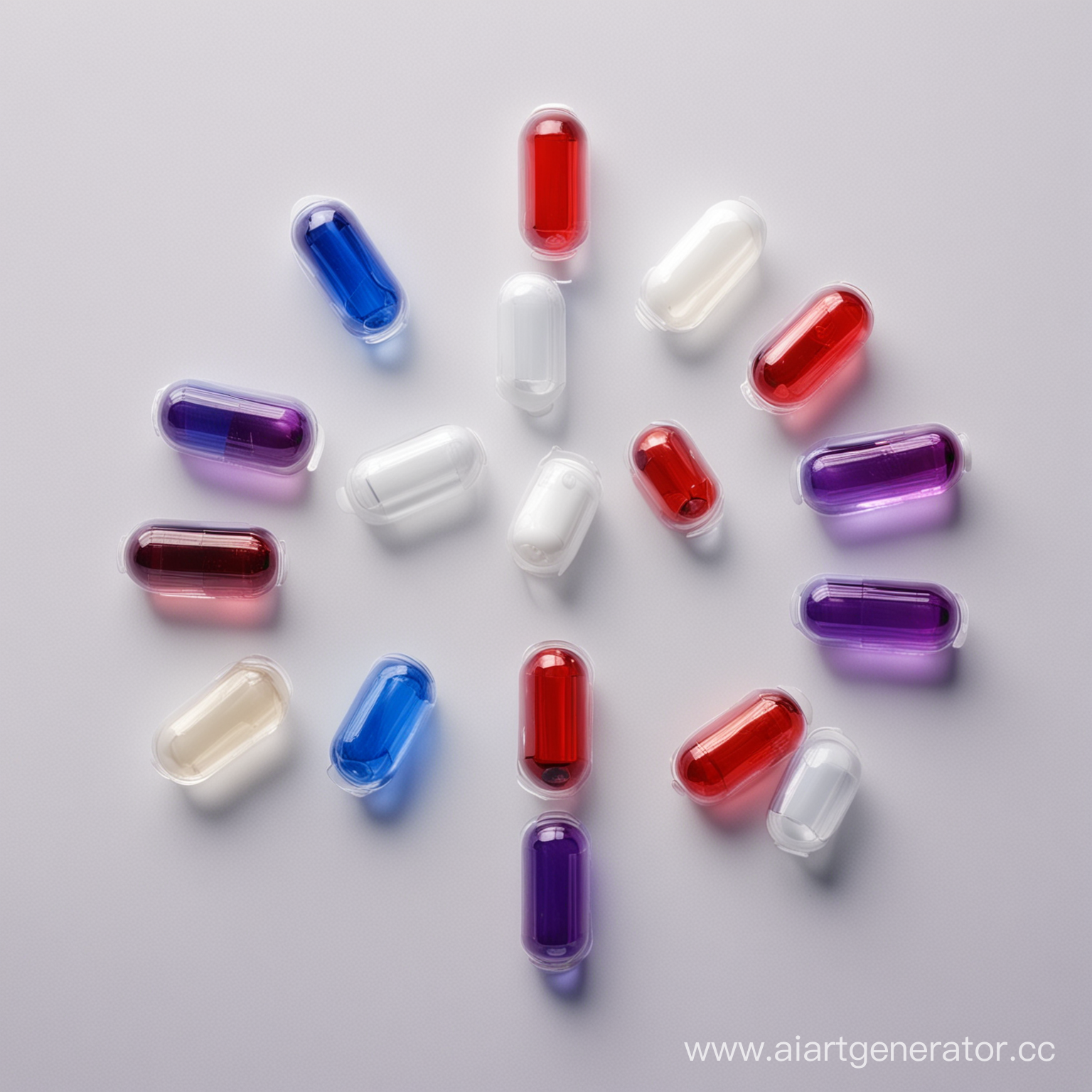 цветные стеклянные капсулы для витаминов, полупрозрачные красно-белые, фиолетово-белые, сине-белые на светлом фоне