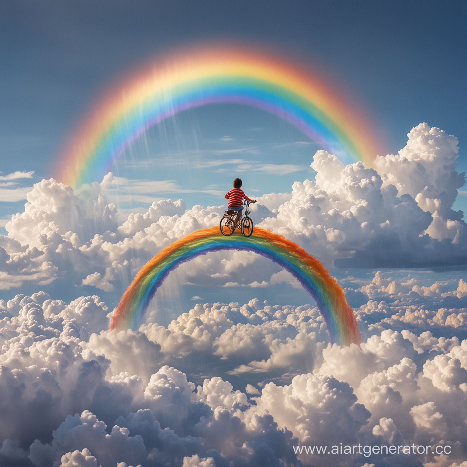 a child rides on a rainbow, in the clouds, in the sky