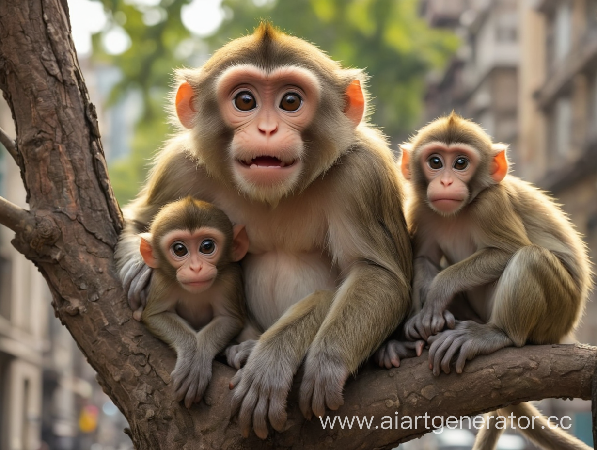 смешная обезьянка со своими братьями в городе на дереве 
