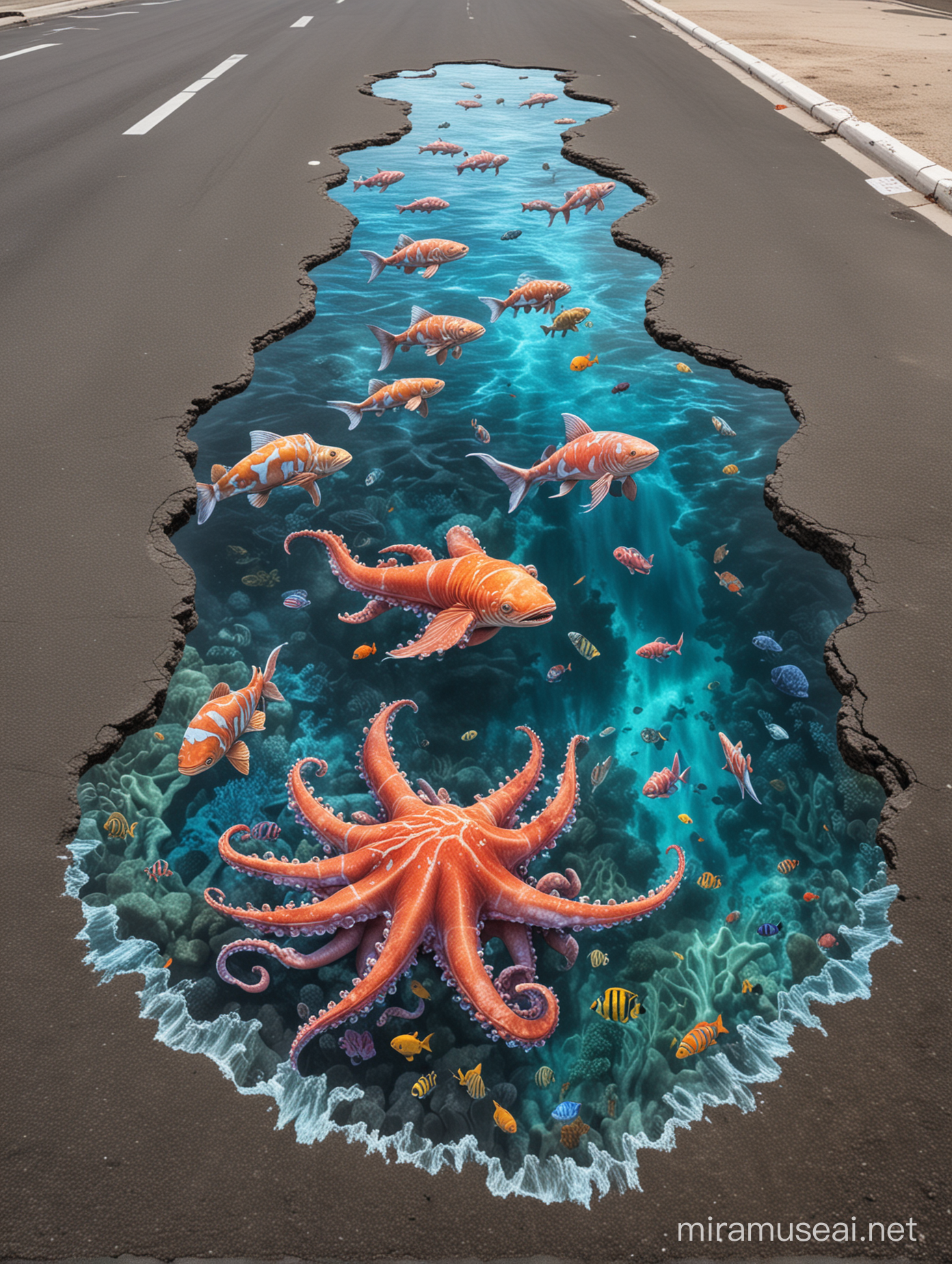 A hyperrealistic 3D chalk drawing on asphalt depicting a vibrant coral reef with colorful fish, sharks, and a giant octopus reaching out of the water. The asphalt cracks should appear as part of the ocean floor