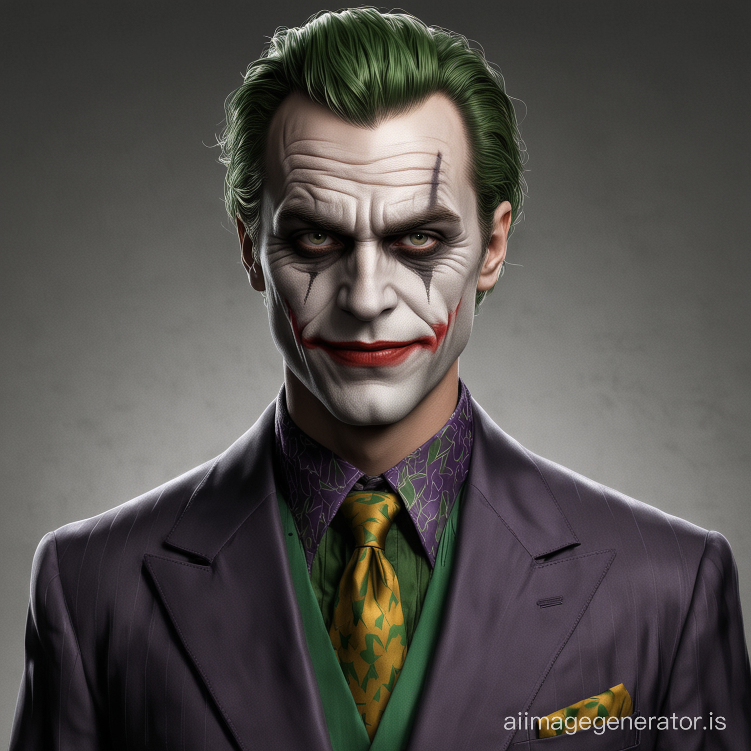 The Joker without make up as a good looking well dressed man. Jack Napier. Realistic picture. He wears a suit. The Joker as a normal man. Batman comics.