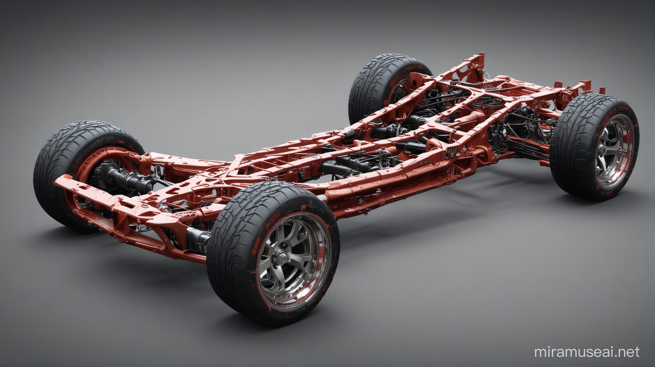 Generate a concept design for a car chassis that is both stylish and functional. The chassis should be made of durable materials and be able to withstand a variety of road conditions. The image should be rendered in a realistic style and have a high resolution