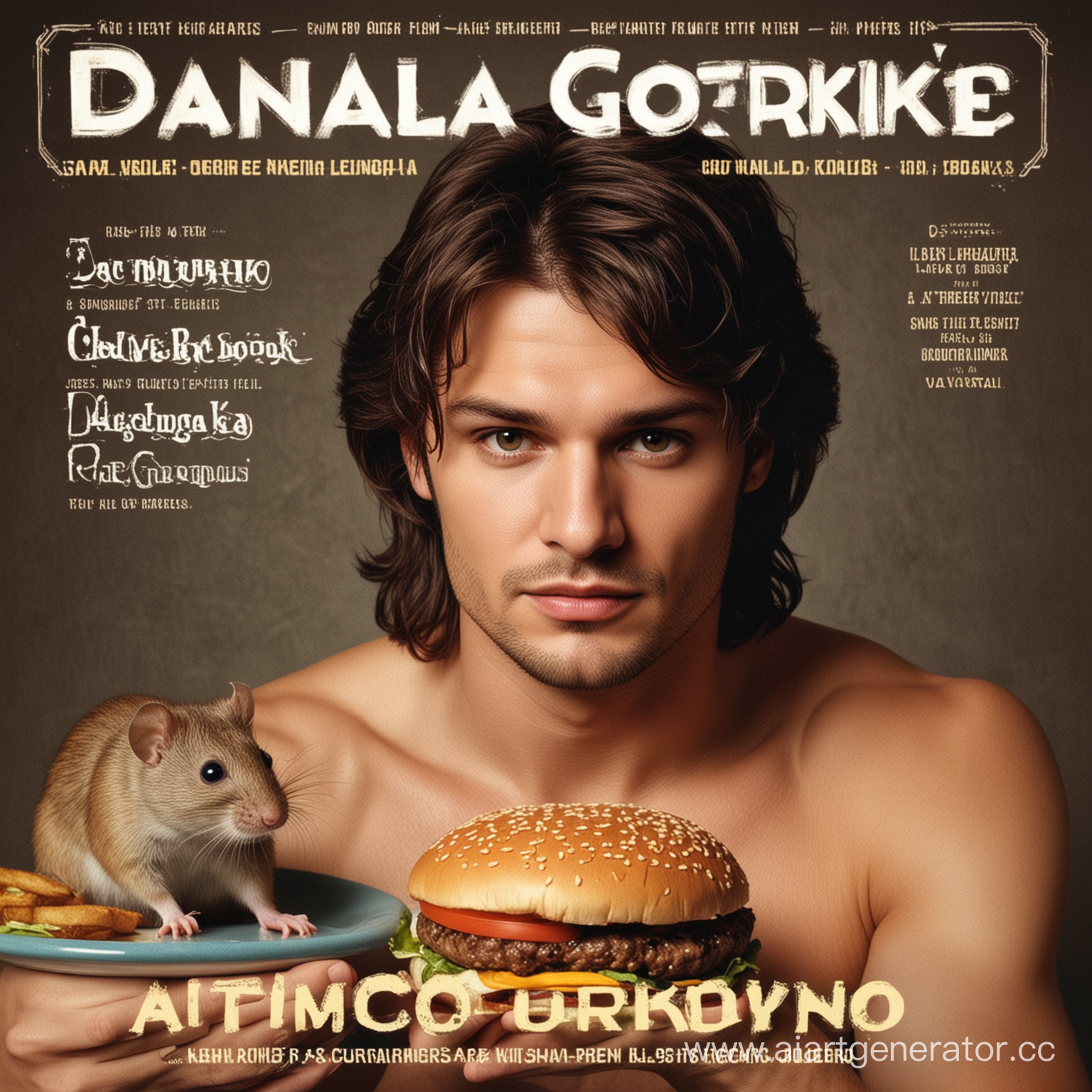 Придумай обложку к авторскому альбому биографии человека Даниила Гордиенко, там должны быть бургер и крысы и интернет-роутер и волейбольный мяч