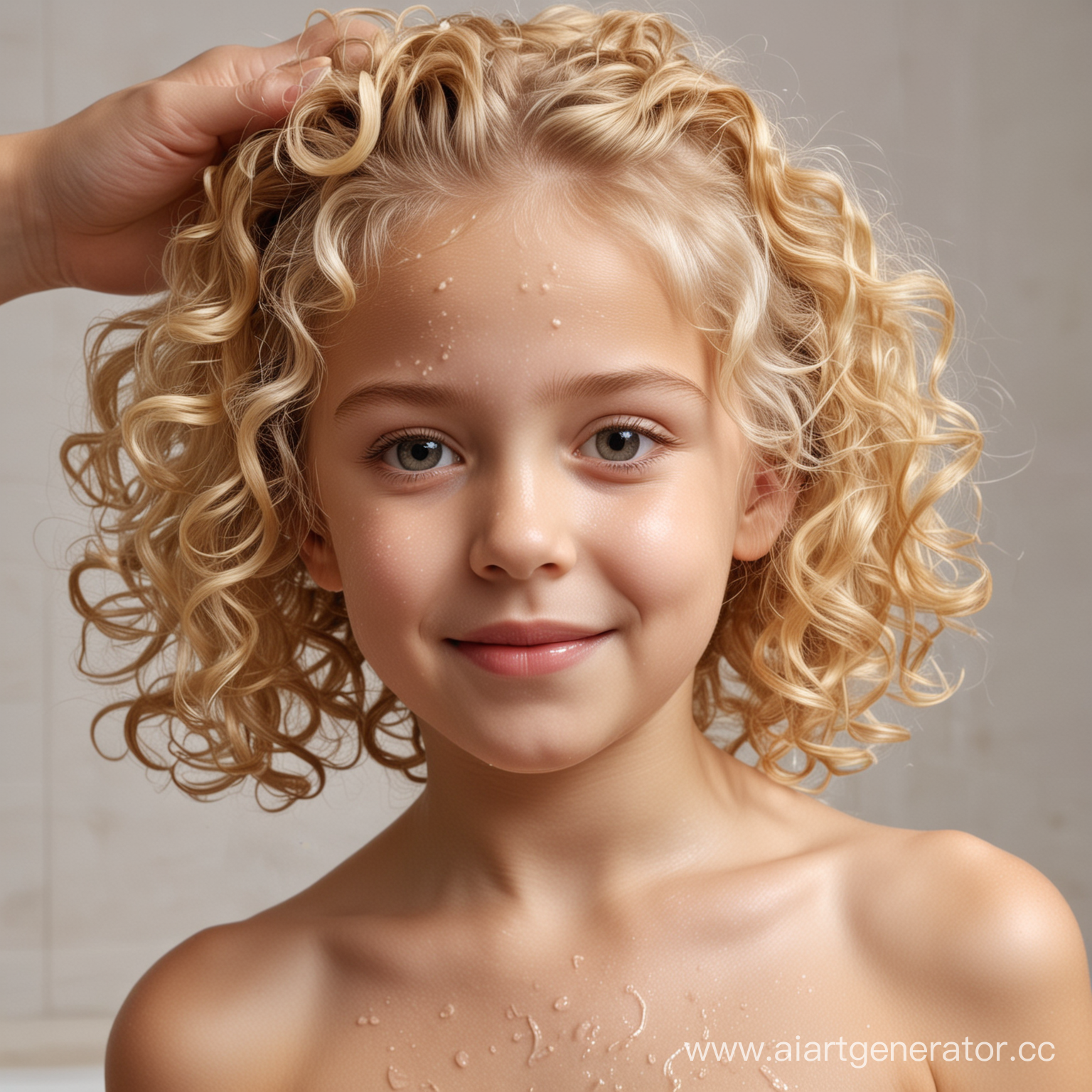 русая девочка, которой 5 лет, моют голову шампунем без слез "Мои кудряшки"
