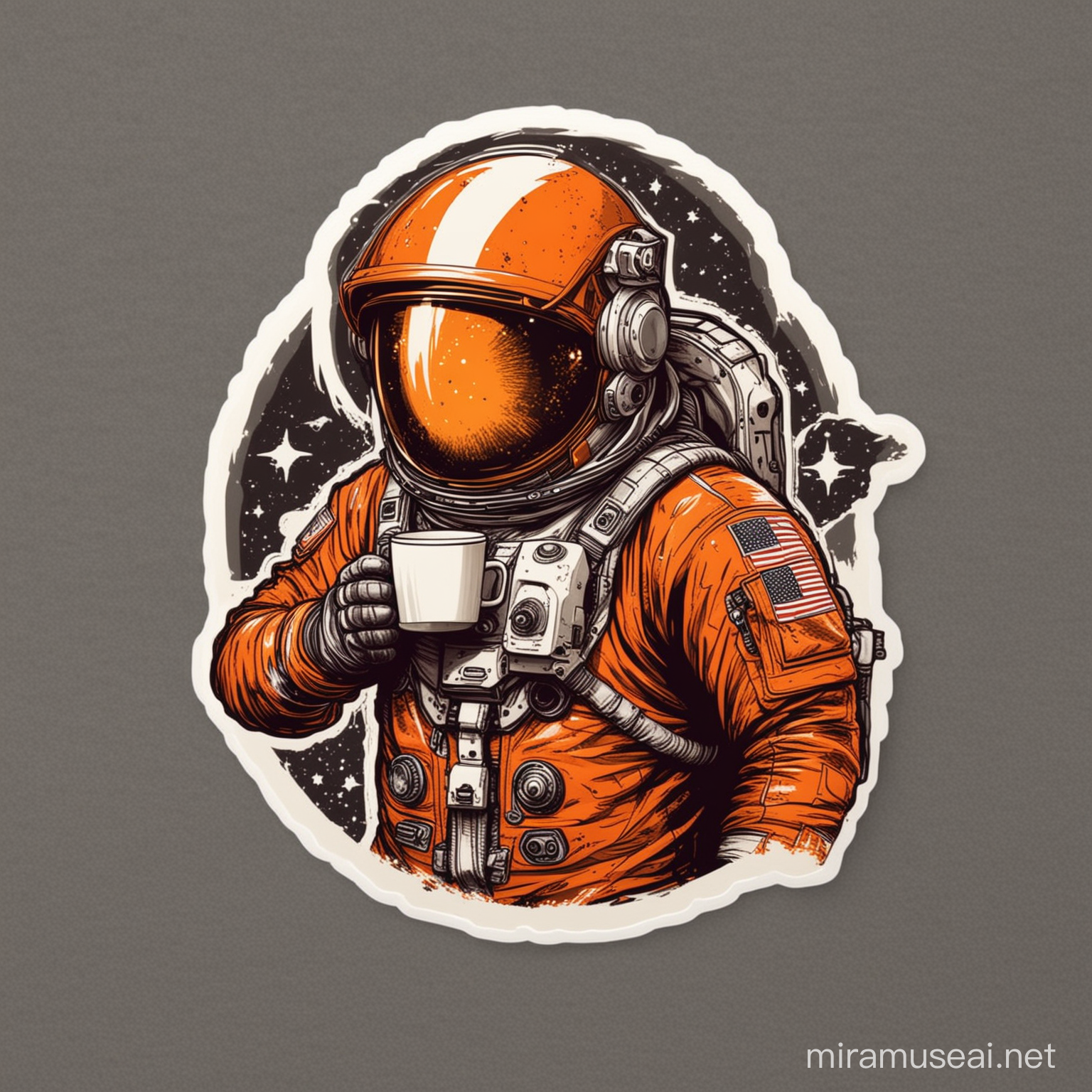 космонавт в скафандре с закрытым шлемом и кружкой кофе в руках в оранжевых тонах дизайн стикер