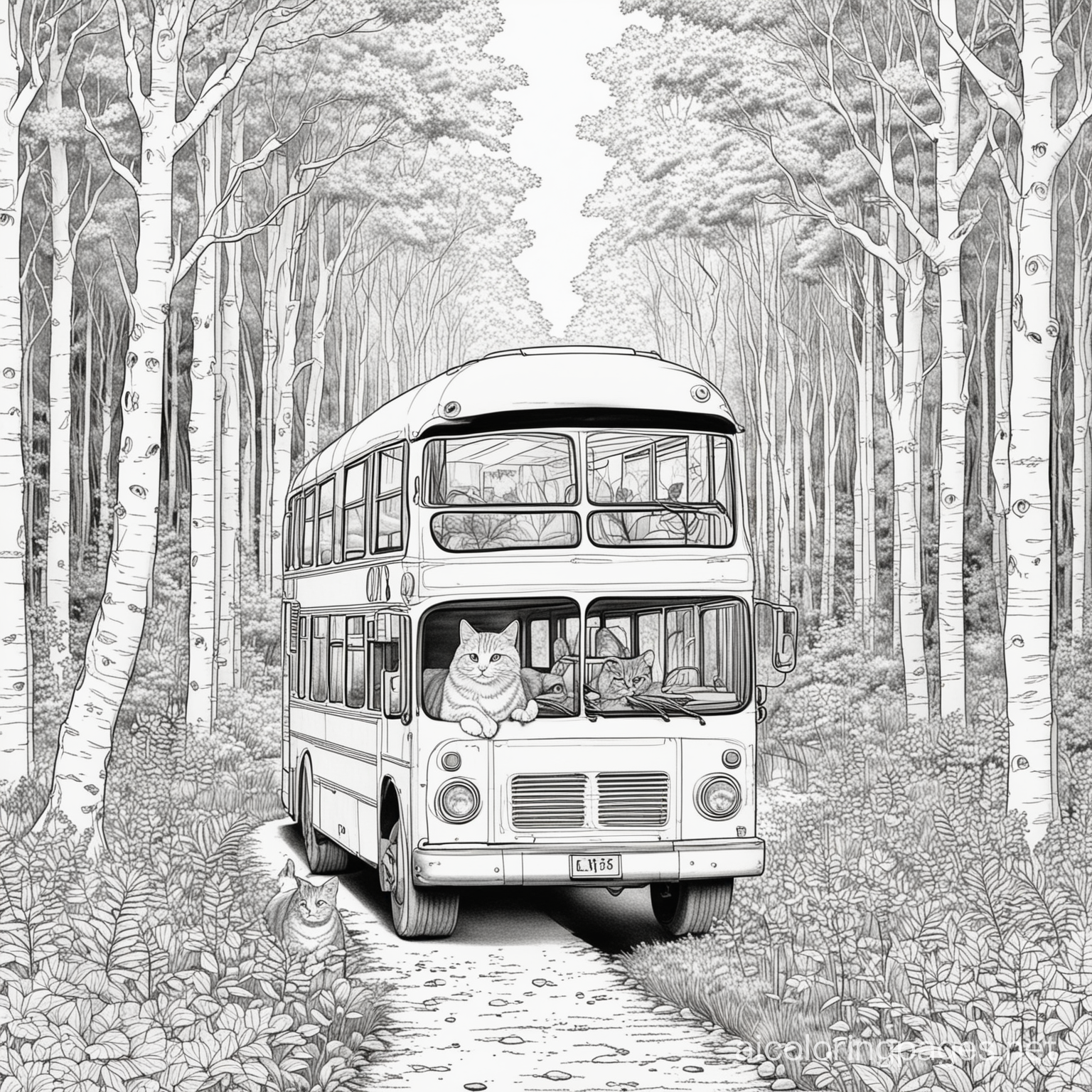 bus in the woods with a cat, Coloring Page, black and white, line art, white background, Simplicity, Ample White Space. The background of the coloring page is plain white to make it easy for young children to color within the lines. The outlines of all the subjects are easy to distinguish, making it simple for kids to color without too much difficulty