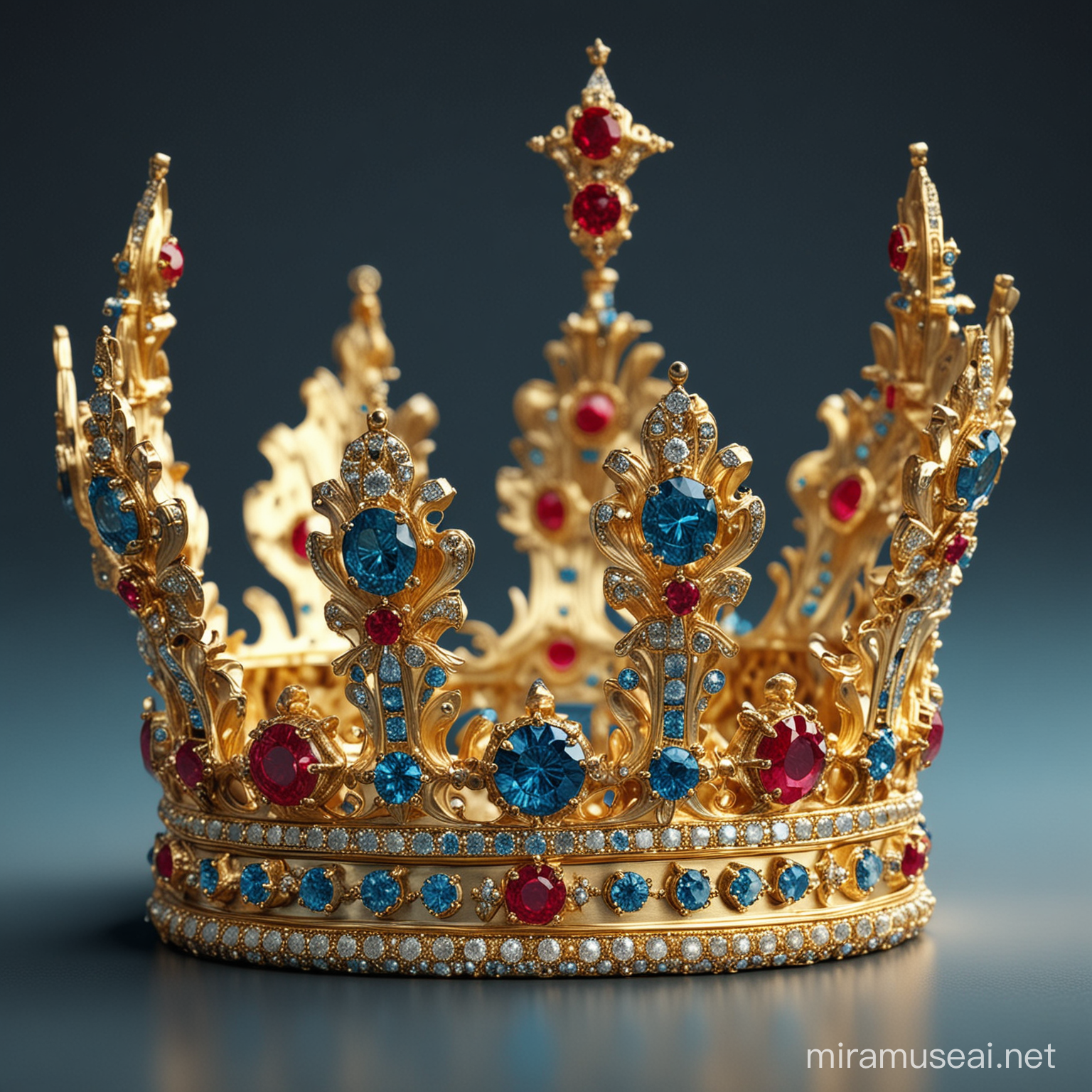 Exquisite Kings Crown Gold Ruby and Blue Diamonds