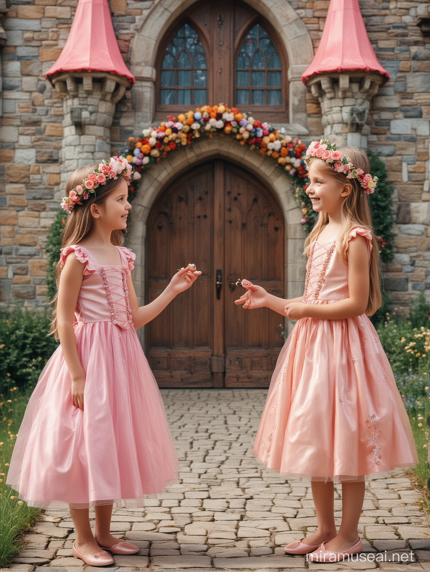 Две девочки, семь лет, одеты в пышные платья, венки из цветов на голове, стоят на фоне сказочного замка из конфет, смотрят друг на друга, держат в руке волшебного эльфа