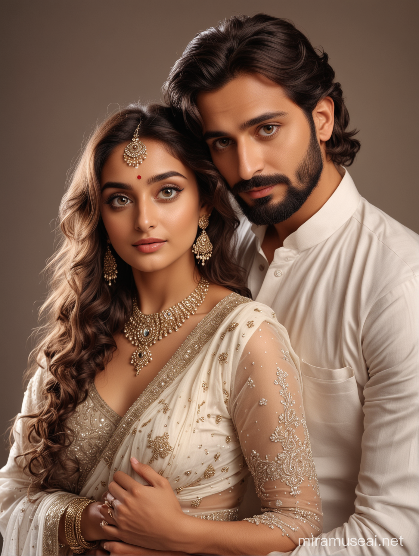 full photo of most beautiful european couple as most beautiful indian couple, most beautiful girl in elegant saree and long curly hairs, big wide eyes, full face, makeup, girl embracing man from back side, . hands around man neck, man with stylish beard, formals, photo realistic, 4k.