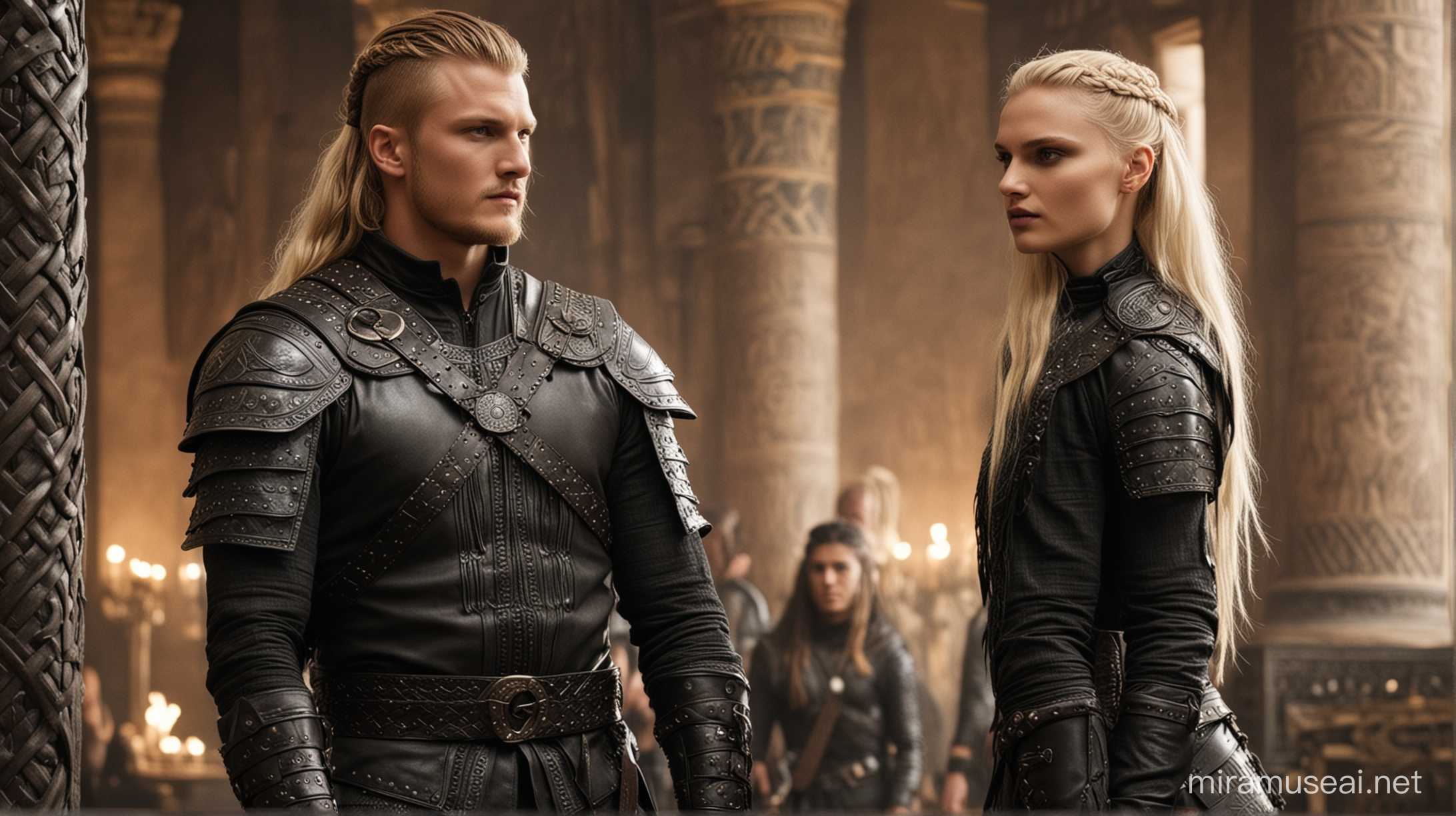 Viking brothers. One brother looks like Alexander Ludwig, the other looks like a beautiful boy Andrej pejic. They are in black leather armour with their hair in war braids, standing in a Egyptian throne room.