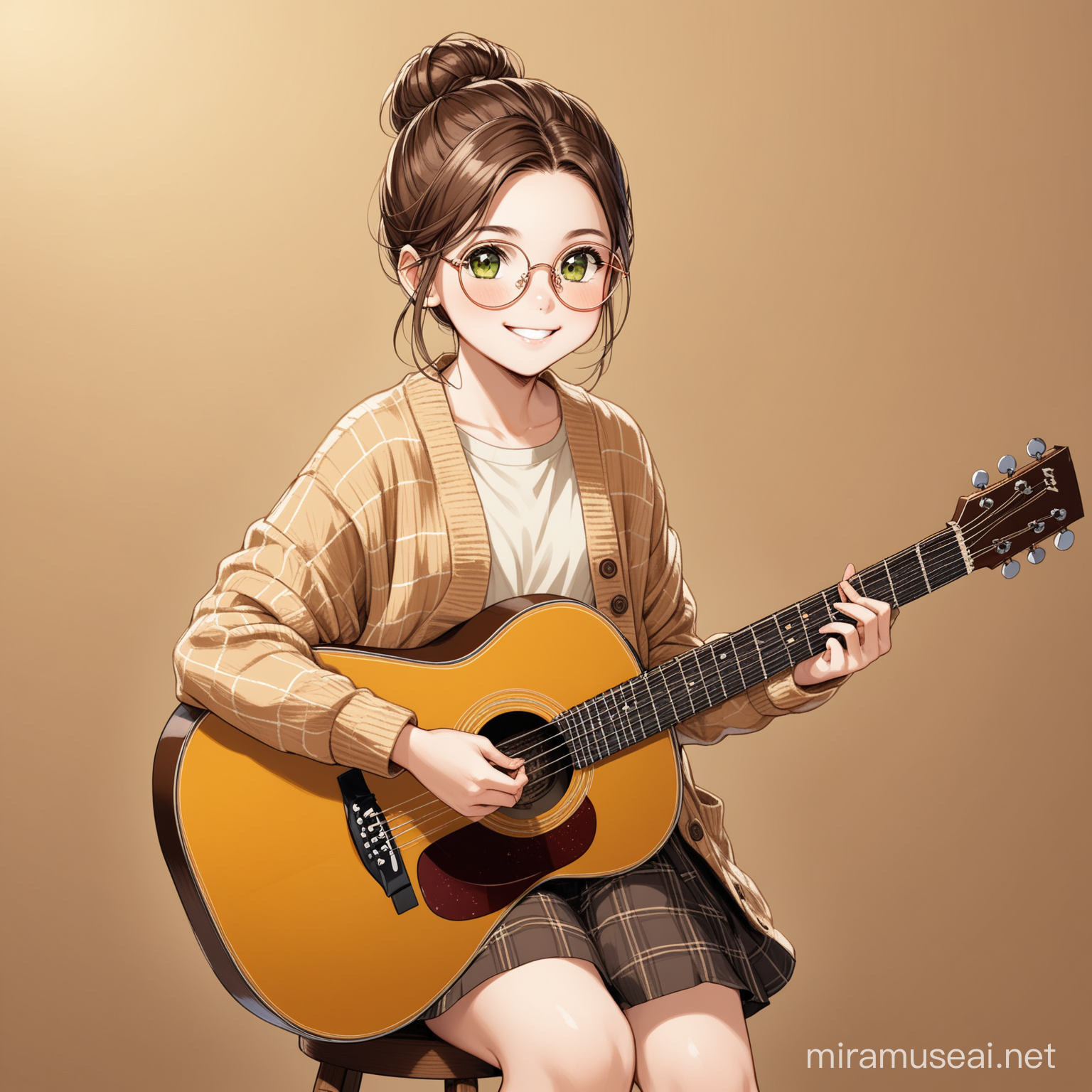 11 year old girl sitting down on a wooden stool, brown hair up in a messy bun with a few strands fallen out, dark green eyes, round rose gold glasses, checked yellow and brown long cardigan, beige t shirt under the cardigan, black knee length skirt, brown laced up boots, strumming a wooden brown guitar, smiling,  