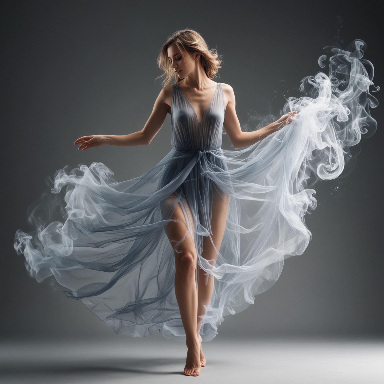 a dancing girl with a dress of transparent smoke