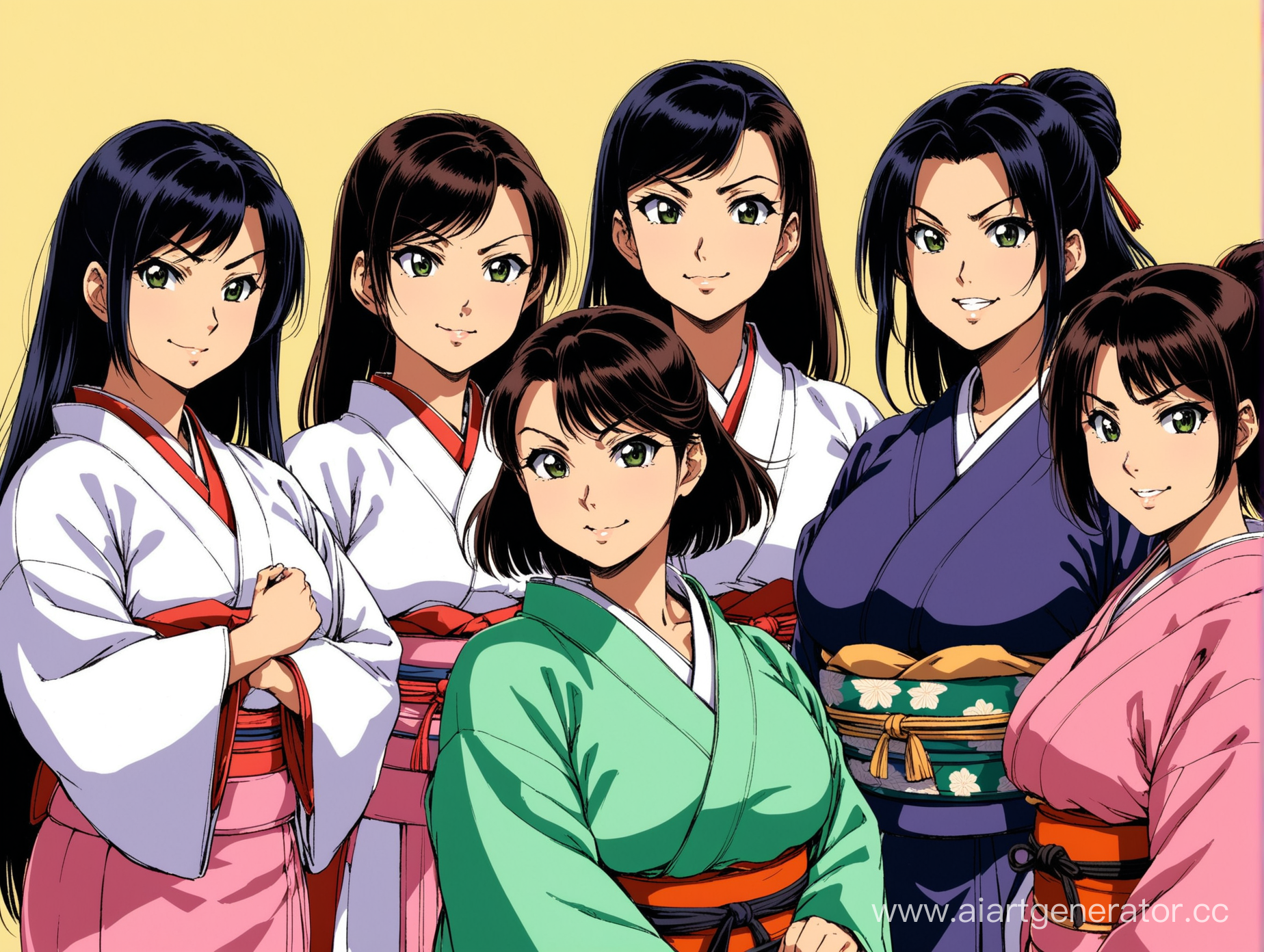 Four Japanese milfs looking at me, Samurai girls looking at me, 90's anime, tomboys, smug, proud, curious, haughty, pompous, thick, plump, black hair, kimonos, Edo Japan, 