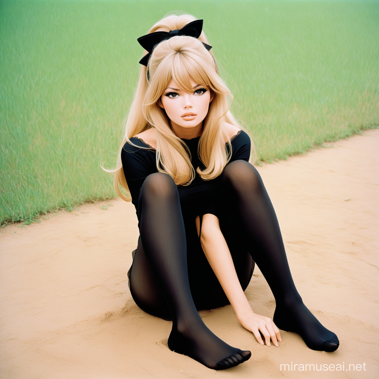 Brigitte Bardot, Sitzt auf Boden, beine gekreuzt, übereinander, nur in einer schwarzen Strumpfhose, 1969, von vorne