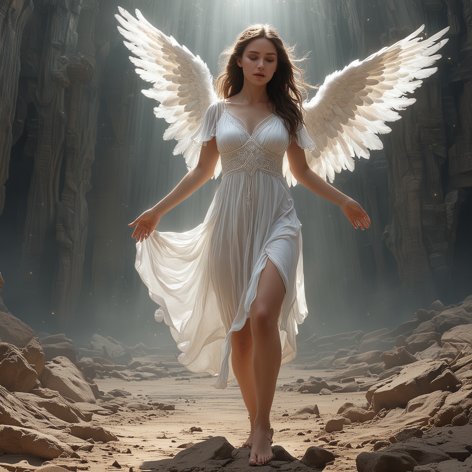 Very pretty ethereal Guardian female angel hovering above ground in mysterious vast otherworldly inner earth, whole body, perfect ethereal outerworld angel face, perfect encompassing face, whole angel body, whole body, whole body, long decent angel dress, perfect legs, perfect hands with perfect five fingers, angel sandals, photorealistic. --imperfect fingers, --imperfect face