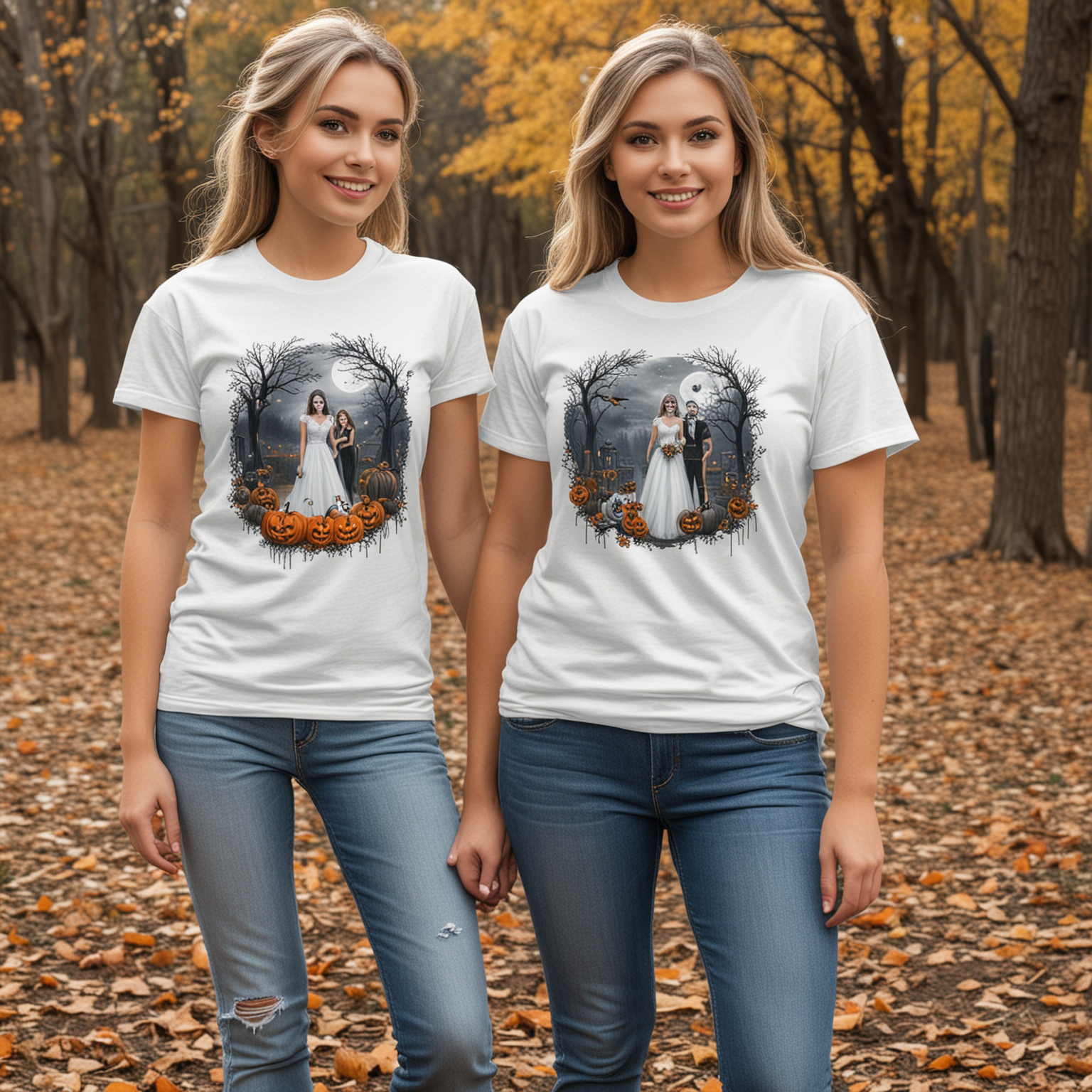 MotherDaughter Duo Modeling White Tees at Outdoor Halloween Wedding