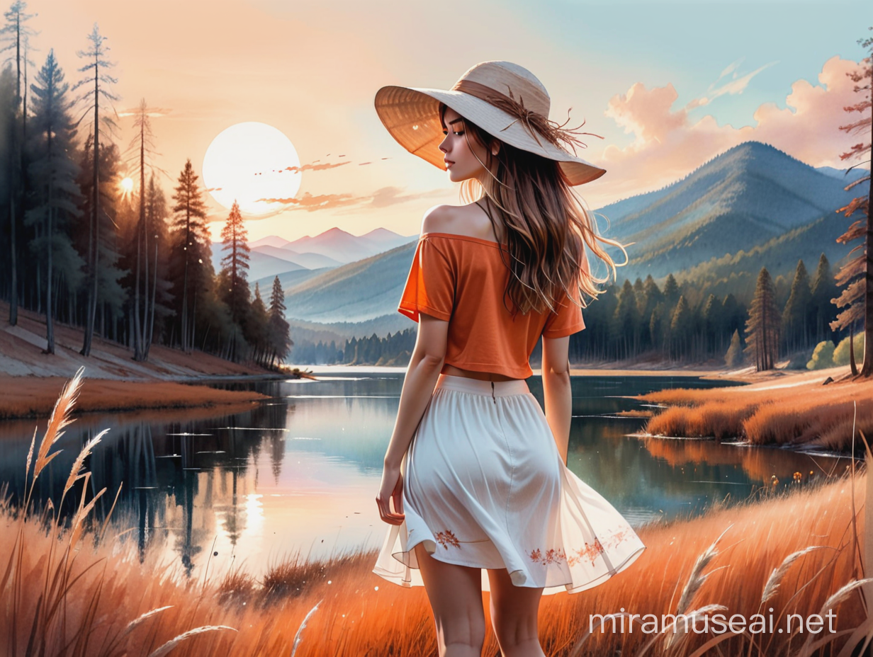 beautiful young woman in white skirt, orange tee shirt, floppy hat, looking at sky, Mountain lake Forest Dried grasses, cinnamon colour Digital watercolor Illustration of summer scape sunset, by JB, Waterhouse, Carne Griffiths, Minjae Lee, Ana Paula Hoppe, Stylized watercolor art, Intricate, Complex contrast, HDR, Sharp, ink drawing Cinematic Volumetric lighting, cold colours, wide long shot, perfect masterpiece