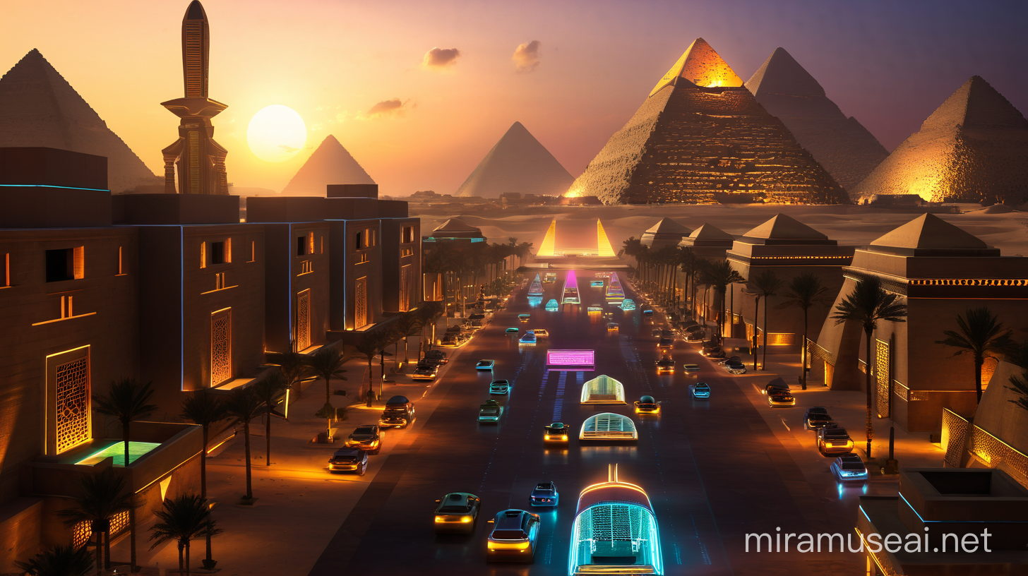 egyption pyramids , neon-lit skylines with flying cars and towering skyscrapers, blending modern architecture with speculative designs.