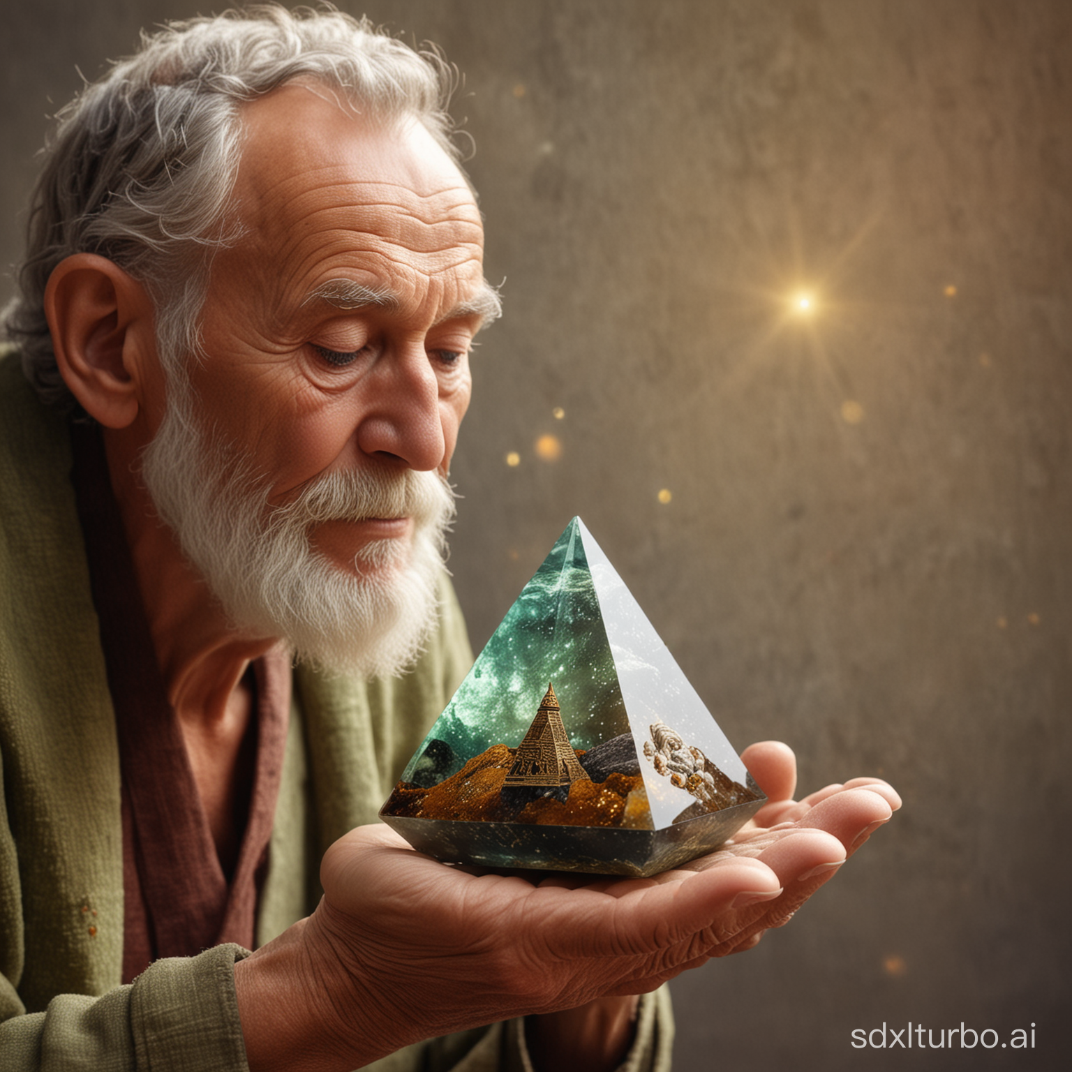 side view of a 70 year old wise sage holding and watching a small  orgonite pyramid on his hand, real human, magical atomesphere ,  by canon, very realistic,  photo view