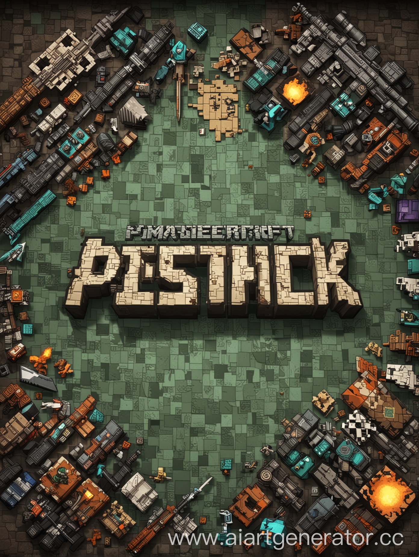 игровой банер размерами 2048 x 1152 пикселей.  в стиле Minecraft с фоном conter strike и надписью  по центру PSIONICK