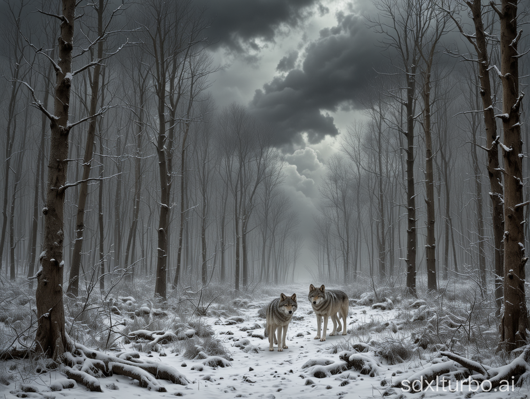 Winter forest, shrouded in dark clouds, a lonely wolf