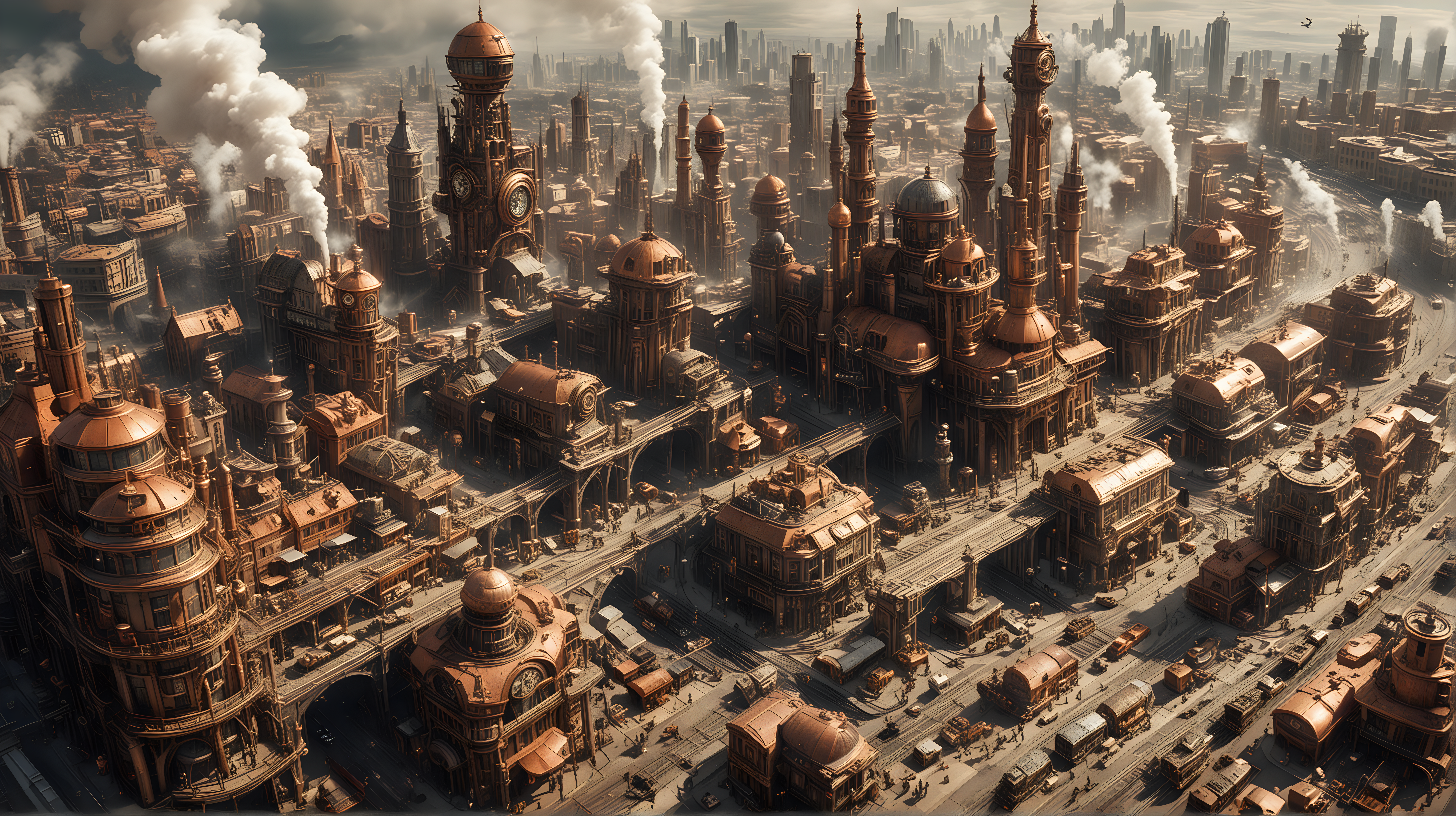 Glimpses of a Sunlit Steampunk Metropolis Towers Tracks and Brass Constructions