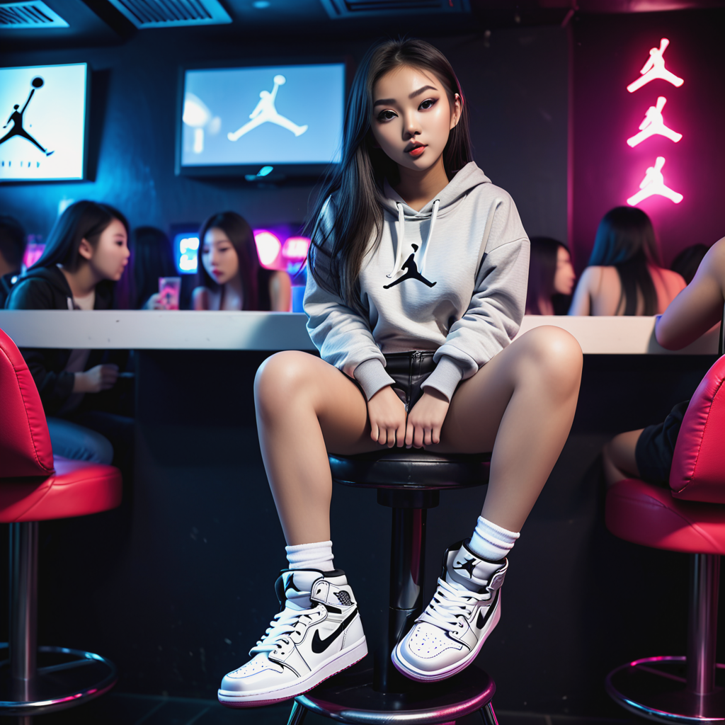 Asian girl, crossing legs sitting on a high chair, her feet are in Air Jordan 1 GO High, in a night club, close look