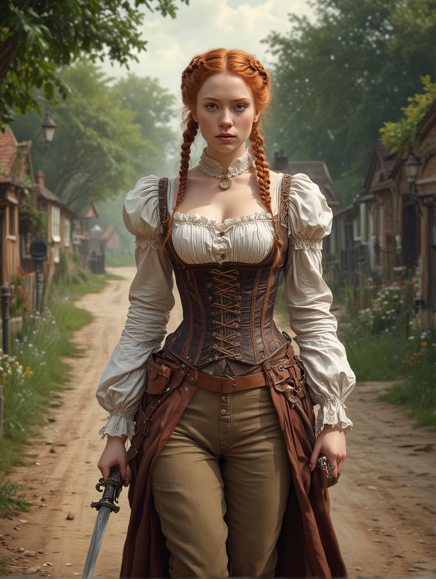 whimsical style of A fantastical of beauty ginger female in victorian outfit style, huge tits, braided hair style, strapped a sword on her back, she was walking on a village road with large watch accent background. Hyperrealistic and hyperdetailed elements, impressionistic masterpiece