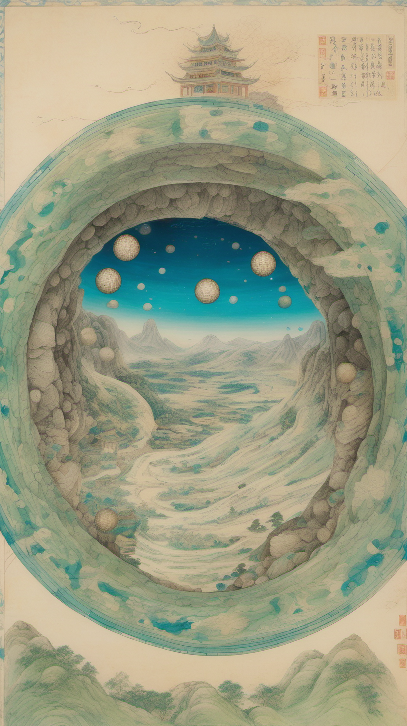chinese gongbi drawing, with traversable wormhole, other worldly scenery, cosmos, quail eggs, greenblue mountain, underground