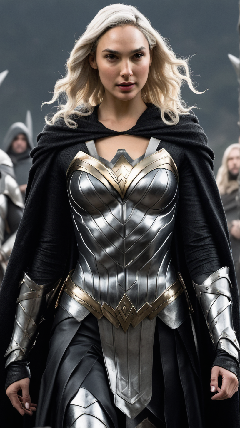Gal Gadot, with waist-length white-blonde hair, wearing a black cloak and silver armor