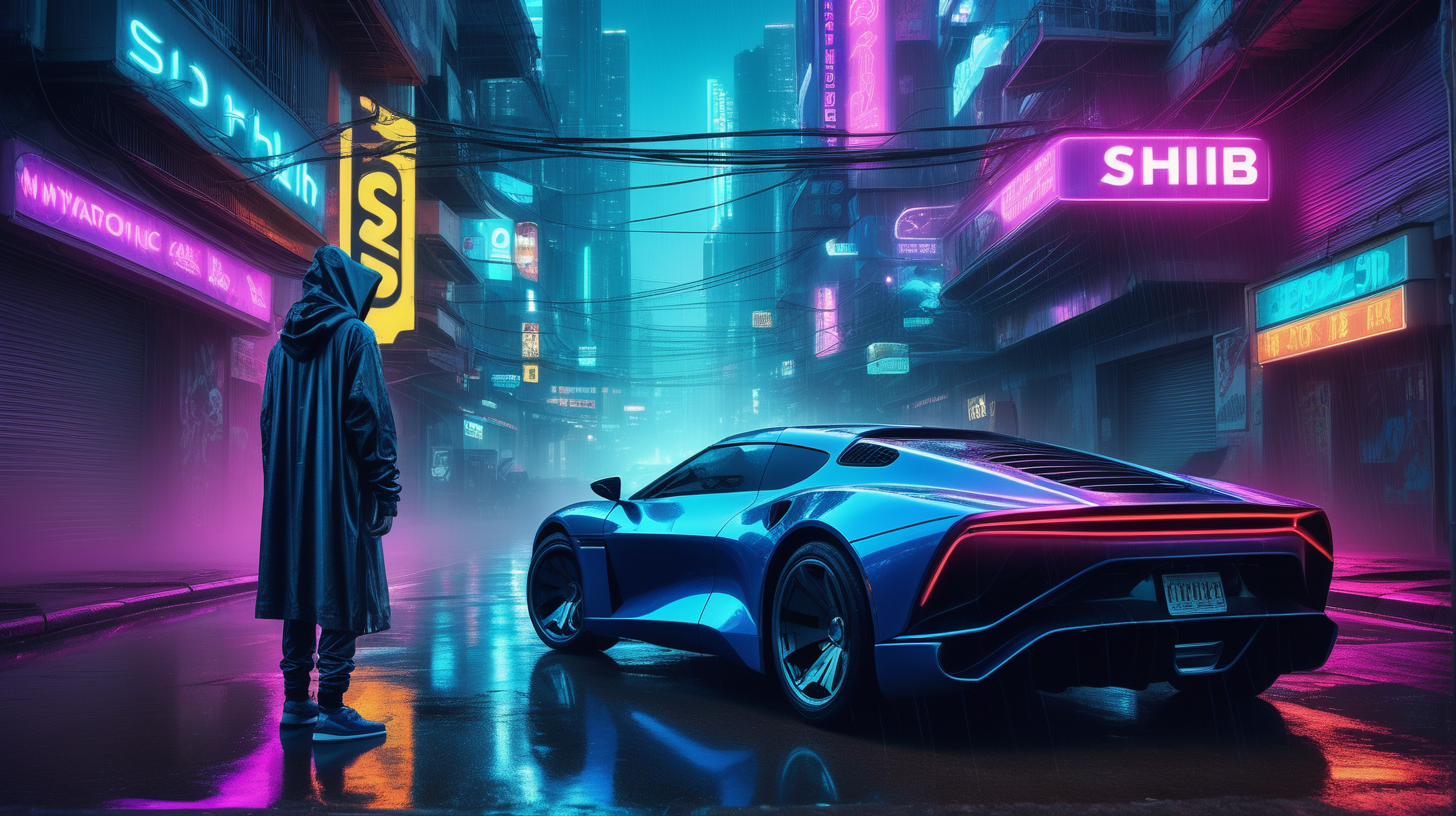 “A hyper-realistic photograph depicts a cyberpunk rendition of a future metropolis at night. The scene centers on a hooded figure, exuding an aura of mystery, standing by a futuristic sports car that gleams with metallic hues under the ambient neon lights. Above in the dense urban jungle, neon signs cut through the misty air, with the word 'SHIB' prominently displayed, signifying the cryptocurrency's integration into the fabric of society. The rain-slicked streets reflect the myriad of neon, including the bright 'SHIB' logos that illuminate the surroundings with a cool electric blue, adding depth and brilliance to this nocturnal urban landscape."
