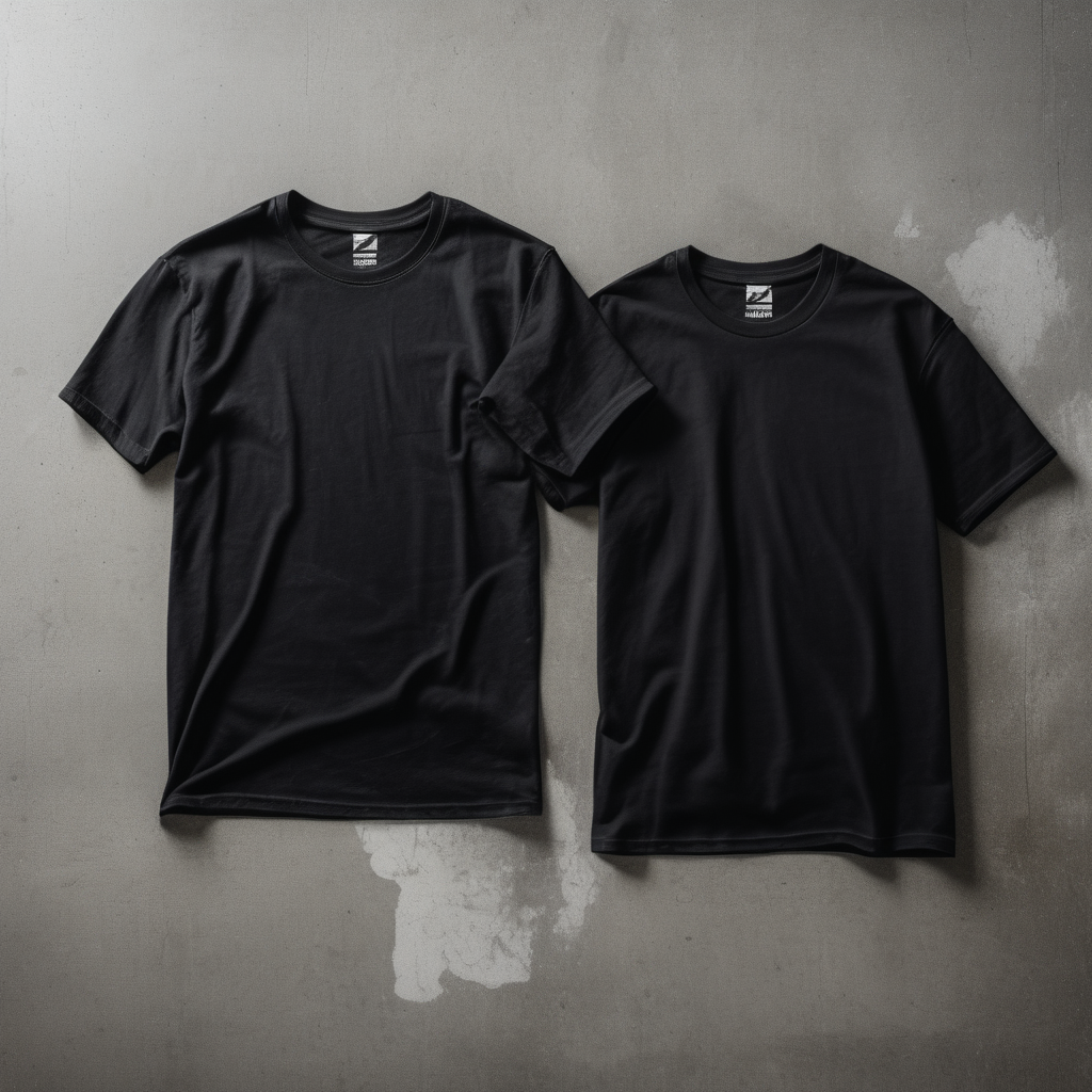 front side of 2 black t-shirts on concrete floor