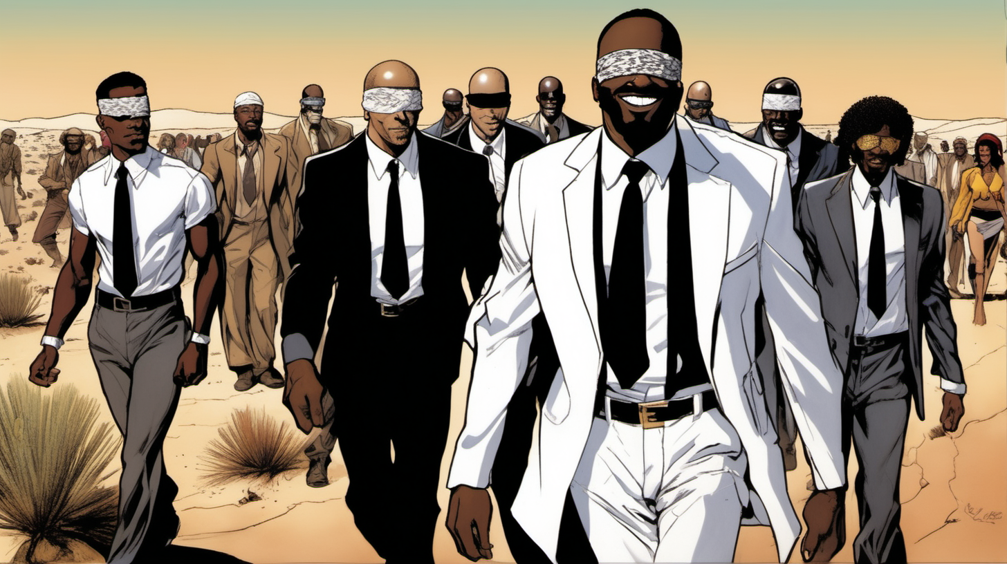 three black men, blindfolded, with a smile leading a group of gorgeous and ethereal white,spanish, & black mixed men & women with earthy skin, walking in a desert with his colleagues, in full American suit, followed by a group of people in the art style of  Howard Chaykin comic book drawing, illustration, rule of thirds