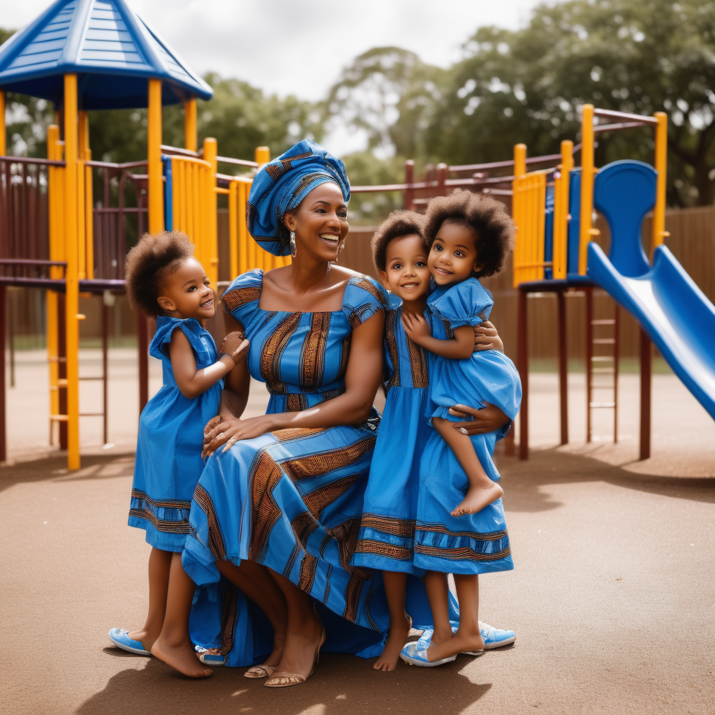 cute photo of  a medium brown skin mother wearing blue African dress  and her 3 children playing in the play ground