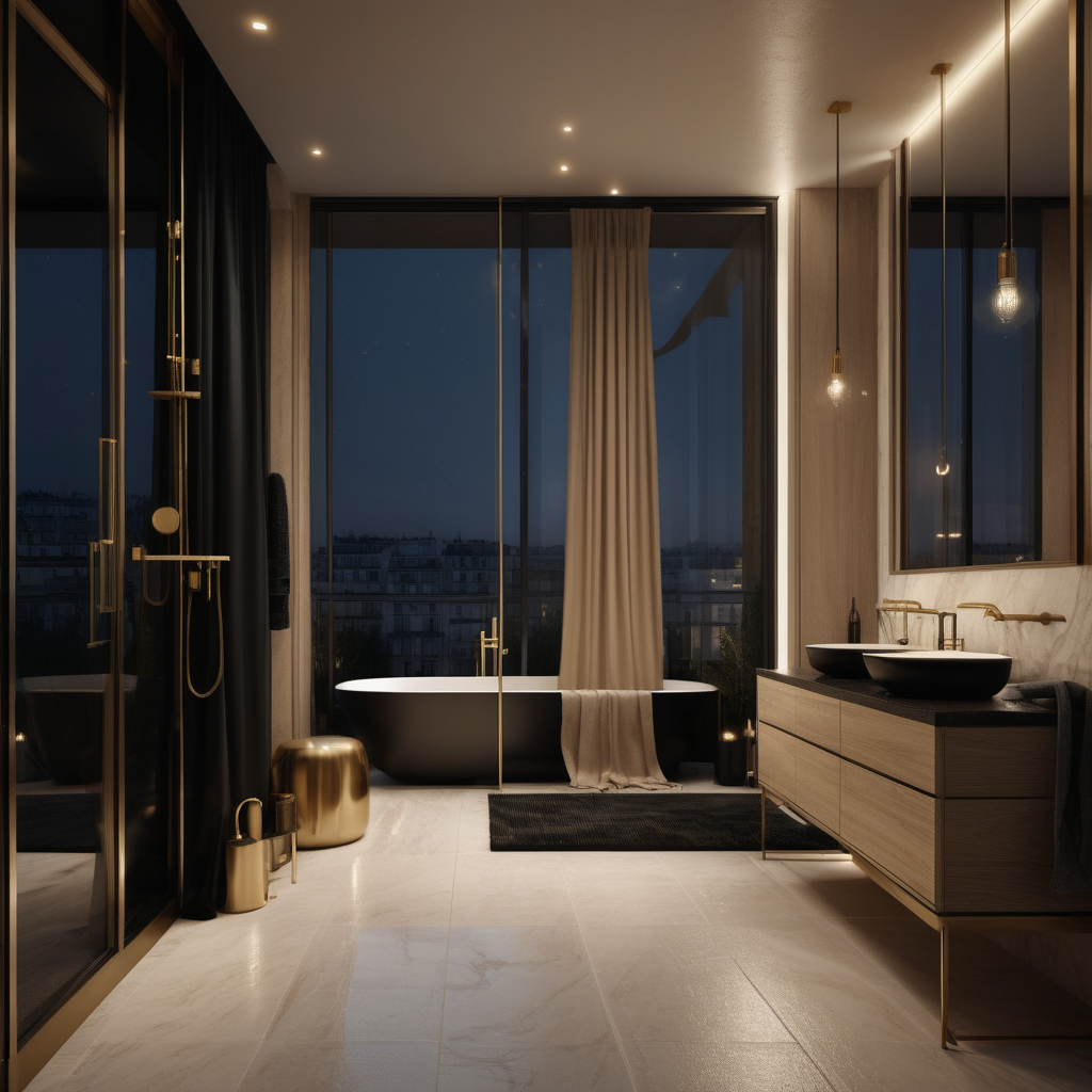 a hyperrealistic image of a grand modern Parisian  bathroom at night with mood lighting, floor to ceiling window with view of the balcony  in beige, oak, black and brass with modern brass pendant lights and glass double walk-in shower, curtains
