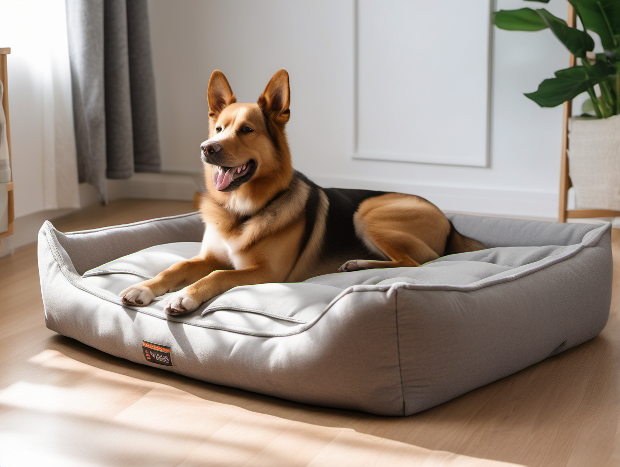 Create an image of a dog relaxing on the orthopedic dog bed. The dog bed type is orthopedic couch-like, light grey color. The dog is of a large size, looks happy and relaxed, with the tongue out, laying on the bed sideways to the camera, looking to the right, turned away from the camera. The color of dog is greyish brown. The dog bed is placed on the floor in the room. The room is lit with sunlight.