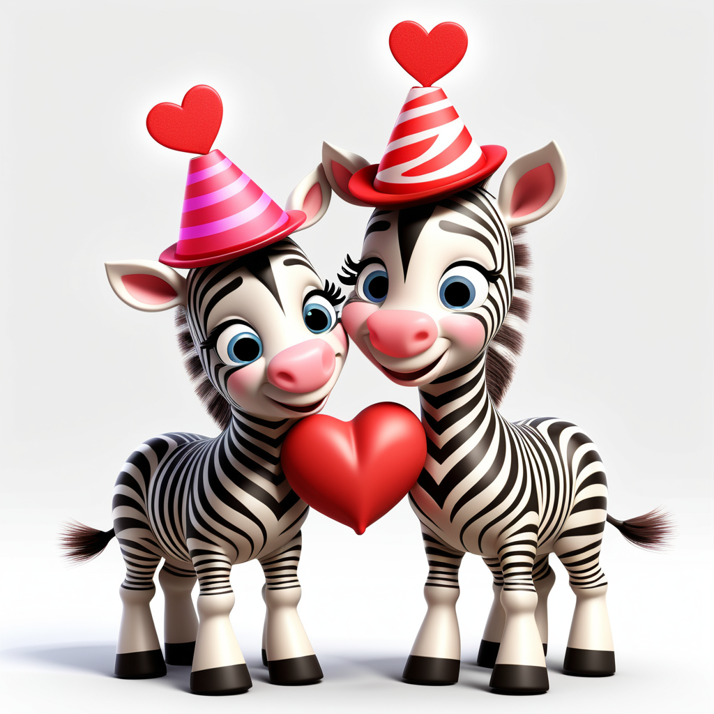 /envision prompt: "Joyful Pixar 3D Zebra Foals in Valentine's Hats" clipart depicting zebra foals donning heart-patterned hats, sharing a lighthearted moment against a pristine white background. Their expressions convey the spirit of Valentine's joy. --v 5 --stylize 100