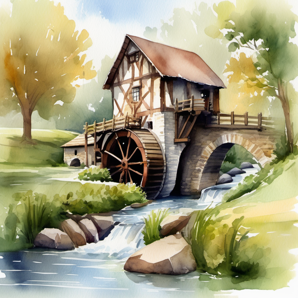 envision prompt Illustrate a vintage watermill nestled by
