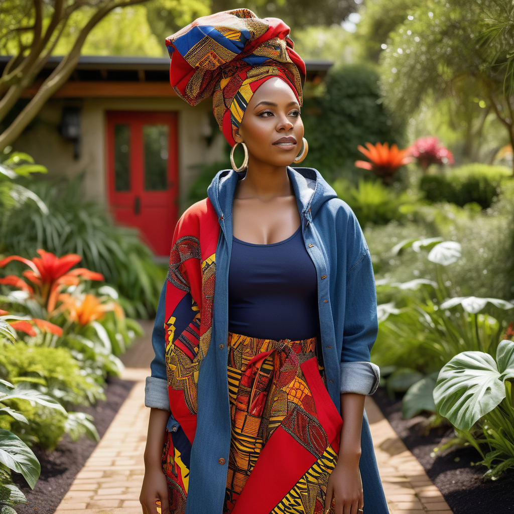 Beautiful Black woman with tribal paint, wearing a multi color African headwrap and African print Skirt, wearing a Red, hooded shawl coat, wearing a Navy linen dress shirt, wearing denim with African print material  inside the pockets,  Vibrant images that represent African heritage, In a lush colorful botanical garden, looking to the left, 4k, high definition, high resolution, sunny day light source from above left