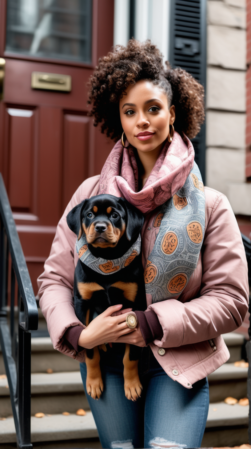 A beautiful, light skinned woman, wearing curly hair, Facing the camera, wearing an African printed scarf, wearing a Dusty Rose, Levi denim jacket reimagined into a waist length, down filled jacket, with brown fur shawl collar, African printed fabric inserted in various places, holding a Rottie puppy, standing on the stoop of a Brownstone in Harlem NY, ultra4k, high definition, hyper realistic