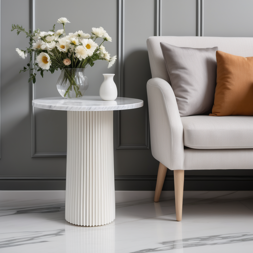 4 product photography picture of 1 white end table with rounded dowels fluted base and marble pattern table top (similar to the daal.co.uk fluted end tables) next to a sofa in a contemporary living room with a vase of flowers on top of it. The end table should be the same height as the arm of the sofa. 