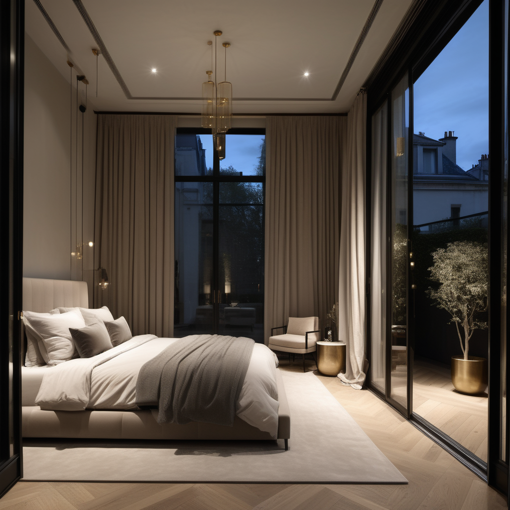 hyperrealistic of an elegant modern Parisian Master Bedroom at night with oak flooring; large glass doors overlooking the private courtyard with garden beds and limestone flooring; vanity table; kind bed with canopy; floor to ceiling windows ; curtains; mood lighting; beige, oak, brass and accents of black colour palette; modern brass pendant light --no neighbour houses
