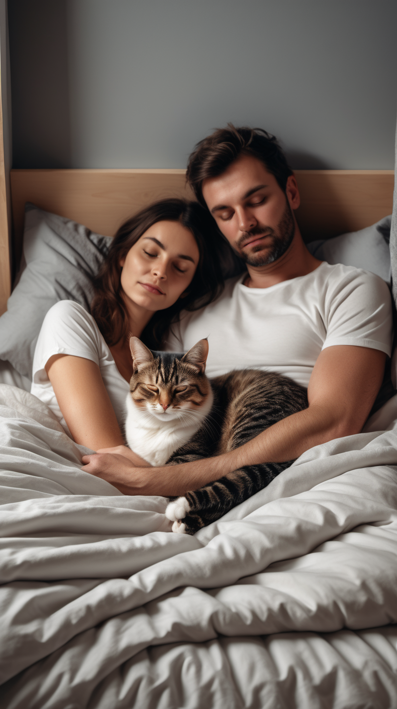 man and woman in deep peaceful sleep, looking cosy in bed, with their cat sitting on the bed with them